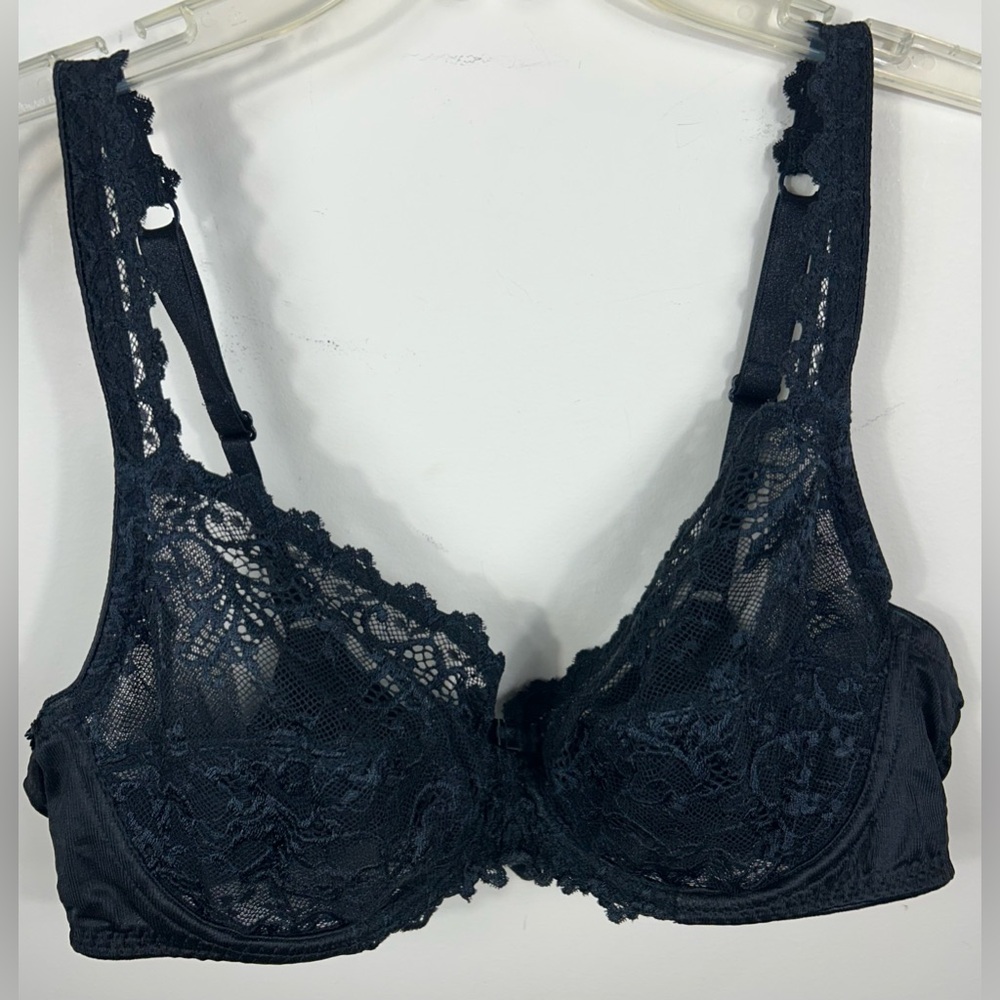 Chantelle Bra 36D‎ Black Embroidered Lace Sheer Sexy Romantic Lingerie France